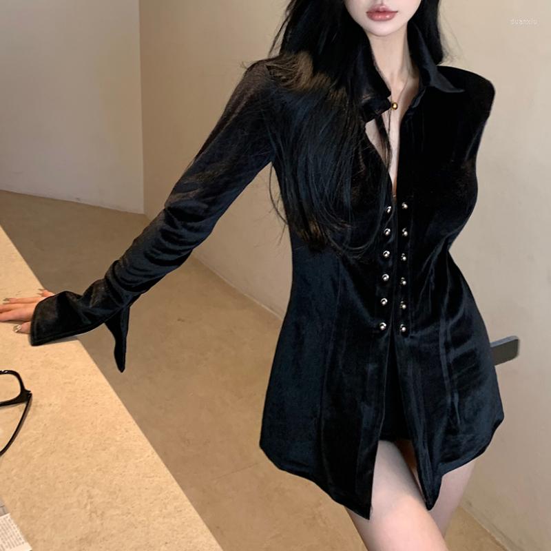 

Women' T Shirts Vintage Polo Collar Black Velvet Long-sleeved Shirt Women 2022 Autumn And Winter Office Lady Single-breasted Casual Blouse