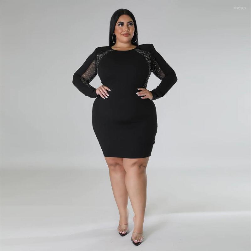 

Plus Size Dresses Diamonds Sheer Mesh Patchwork Mini Dress 5XL Long Sleeve Bodycon Vestidos Autumn Night Party Club Elegant Robes 2022, Black