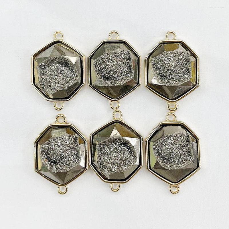 

Pendant Necklaces Fashion Natural Stone Crystal Cluster Double Hole Gold Color Charm Connector For Jewelry Making Bracelet Accessories 6pc
