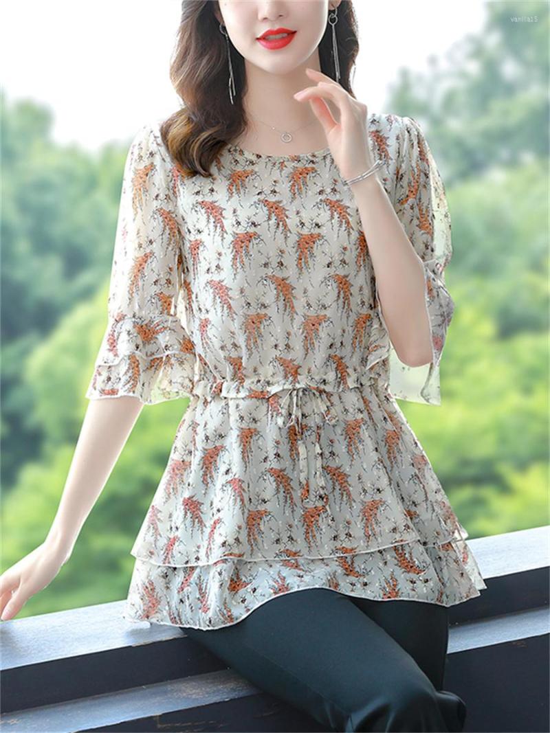 

Women's Blouses Woman Summer Style Tops Lady Casual Short Flare Sleeve O-Neck Flower Printed Blusas SP1588, Yellow