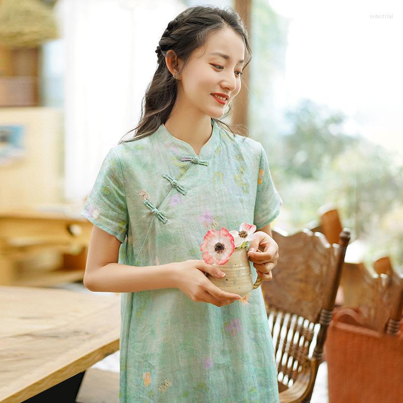 

Ethnic Clothing 2022 Cotton And Linen Ladies Retro Printed Dress Vertical Short-Sleeved Summer Improved Cheongsam Traditional Ramie