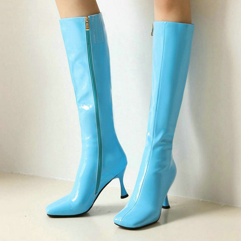 

Boots Big Size 45 Women Knee High Patent PU Leather Candy Colors Ladies Calf Fashion Thin Heel Square Toe 221114, Green