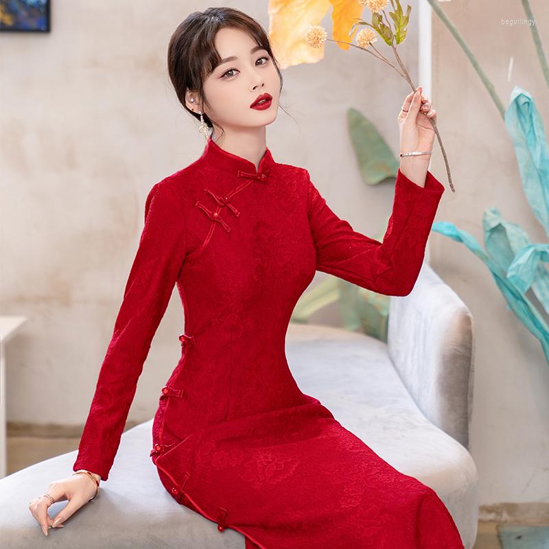 

Ethnic Clothing Chinese Traditional Modern Cheongsam For Women Long Sleeve Retro Improved Red Qipao Dress CNY