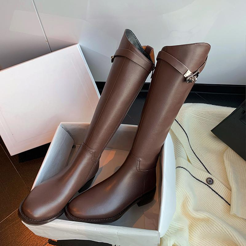 

Boots Autumn Winter Leather Riding Women's Thickened Middle Heel Zipper Woman Round Toe Knee High Botas Femininas 221114, Black