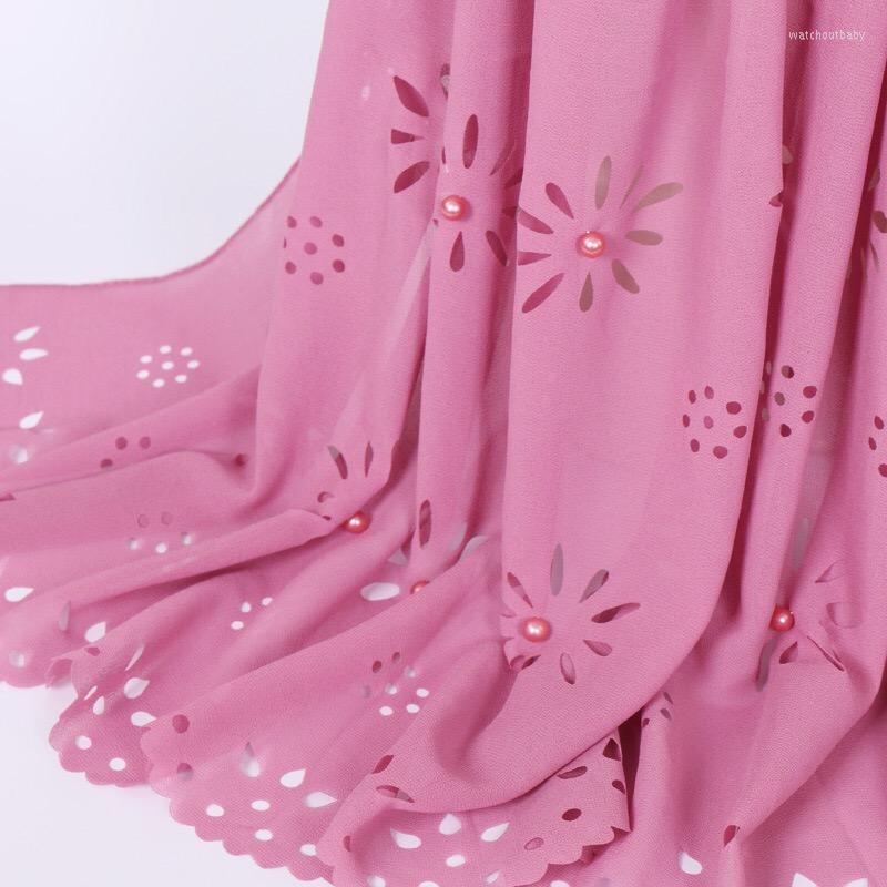 

Scarves Pearl Bubble Chiffon Scarf With Laser Cut Flower Beads Shawls Muslim Head Wraps Colorful Plain Pashmina
