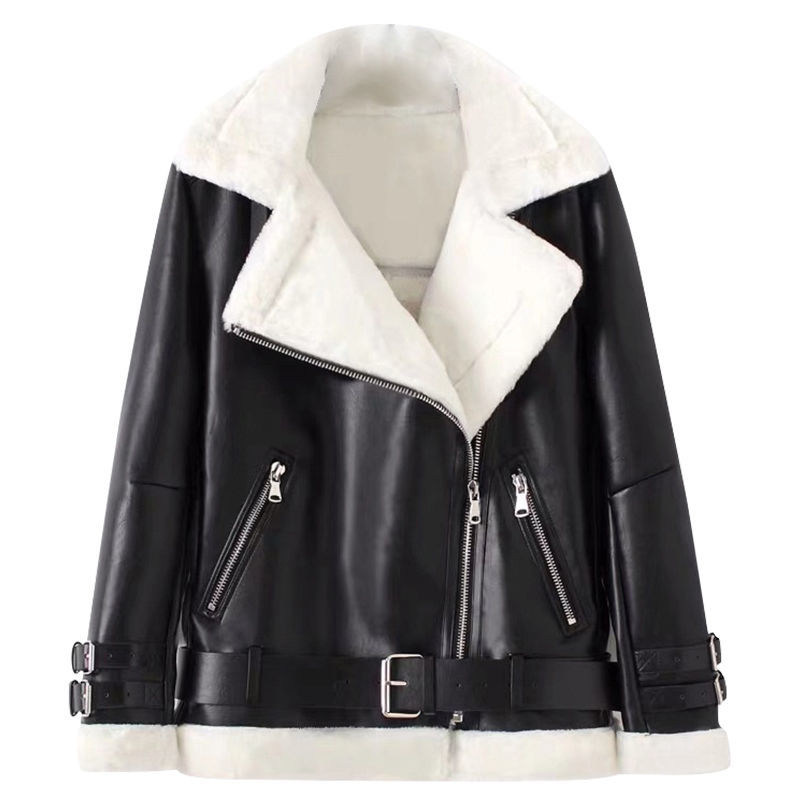

24 Women' Fur Women Winter Lamb Wool Coat 2022 Plus Velvet Thick Leather Jacket Motorcycle Suit Warm size -2xl