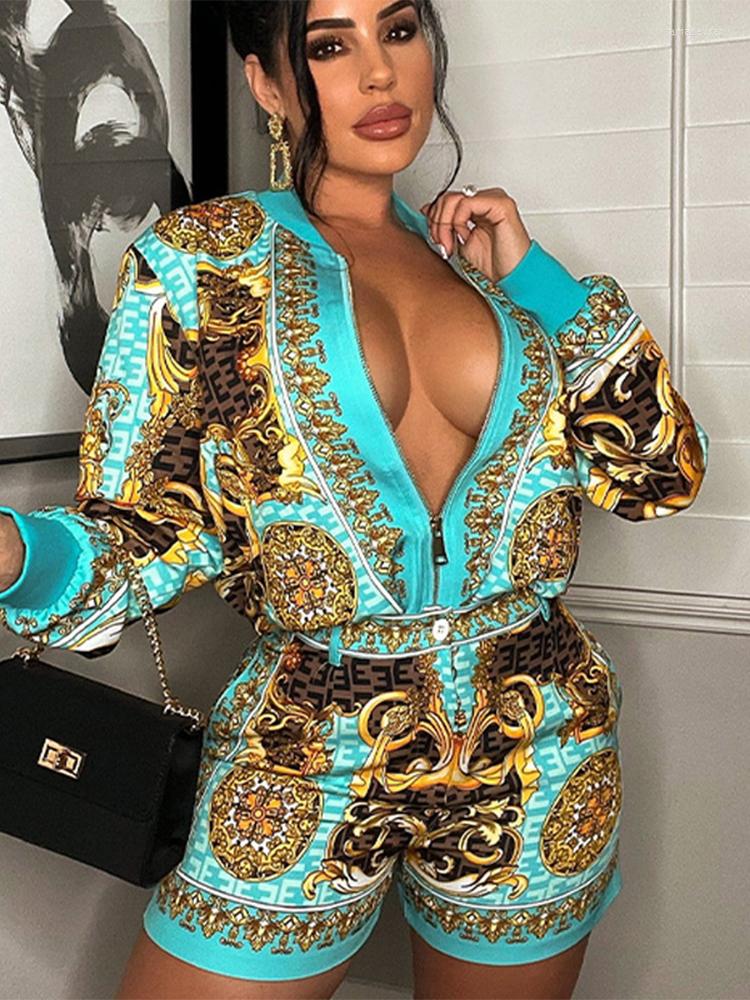 

Women' Tracksuits Fashion Printed Sets Women Long Sleeve Zipper Shirt Top Shorts Two Piece Set 2022 Summer Female Party Club Outfits, Print