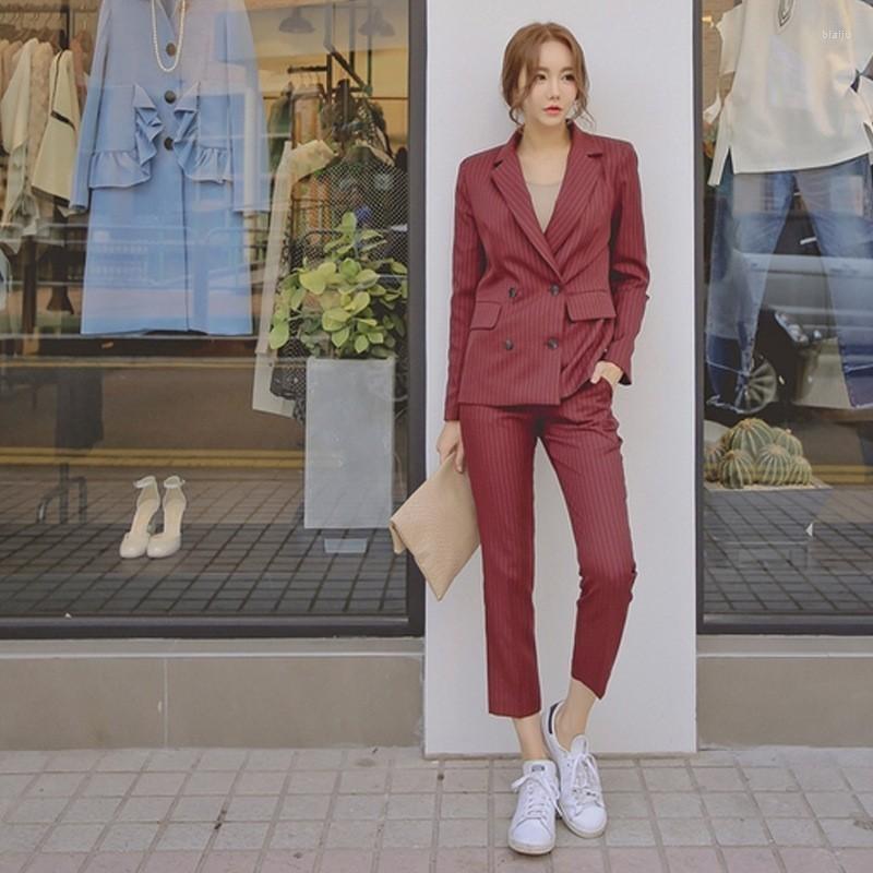 

Women' Two Piece Pants Brand Striped Casual Women Suits Office Sets Long Sleeve Slim Fit Blazer Straight Nine Length Business Ladies, Black
