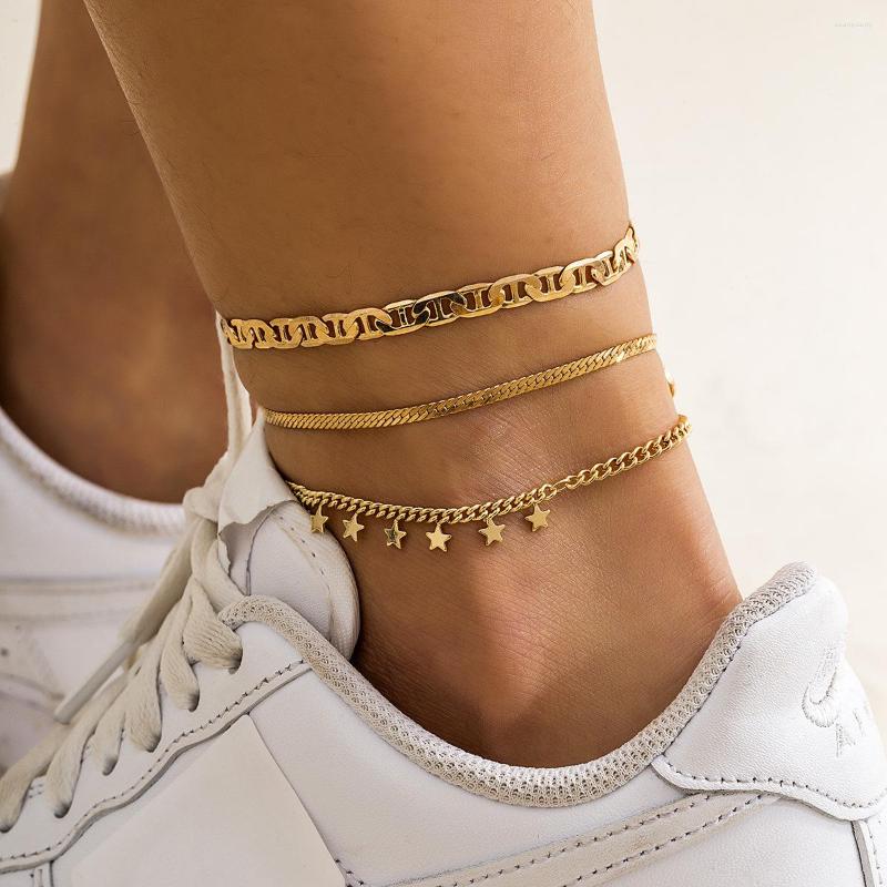 

Anklets Retro Simple Star Pendant Set Anklet Female 2022 Fashion Creative Gold Color Metal 3 Pieces Beach Girl Jewelry Gift