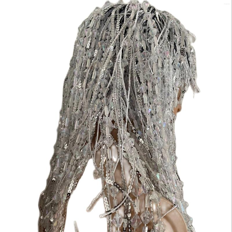 

Stage Wear Sequin Crystal Tassel Wigs Women Birthday Party Rhinestone Fringes Headwear Club Show Cosplay, Beige