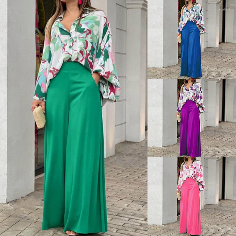 

Women' Two Piece Pants Women' Printed Casual Suits Loose Lapel Shirts High Waist Wide Leg Ladies Tops And, Purple
