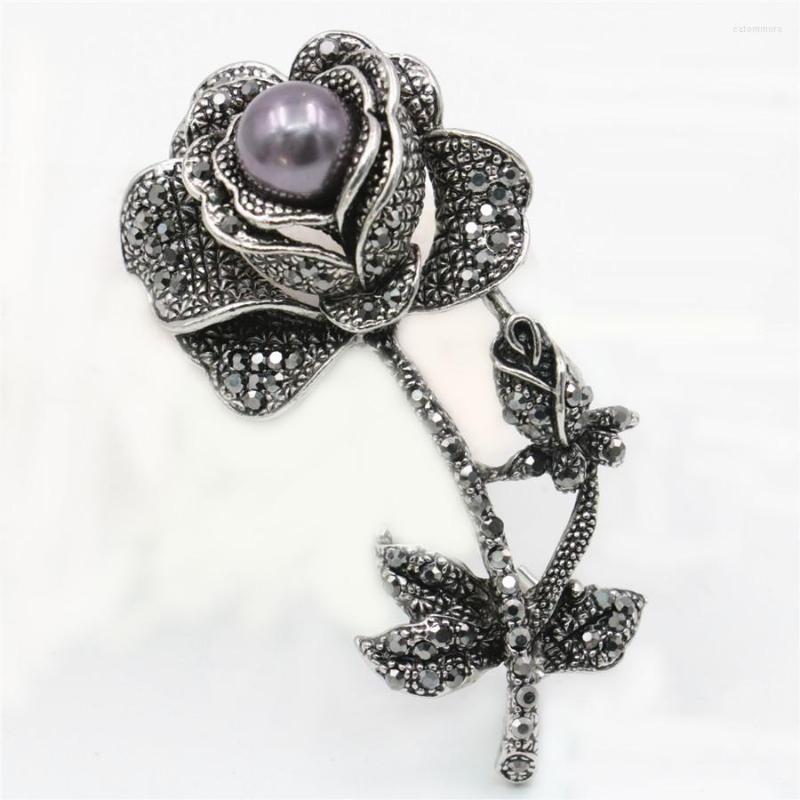 

Brooches Black Rhinestone Brooch Pearl Flower Rose Leaf Moon Elegant Alloy Breastpin Wedding Glass Beads Crystal For Women Girls