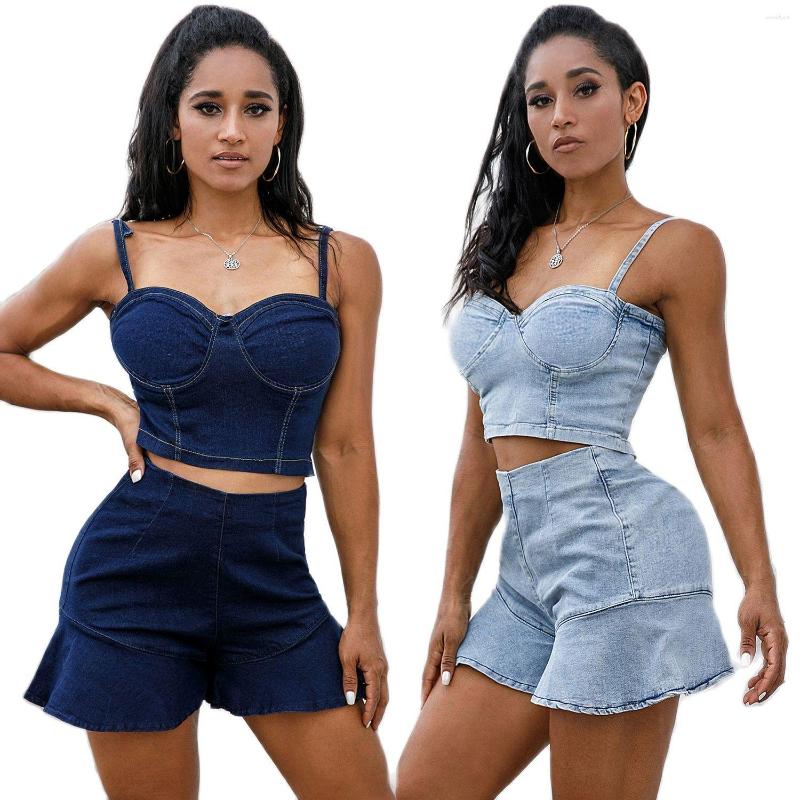 

Women' Tracksuits Sexy Women' Two Piece Set Outfits Crop Top And Denim Shorts Suit With High Elastic Ruffles