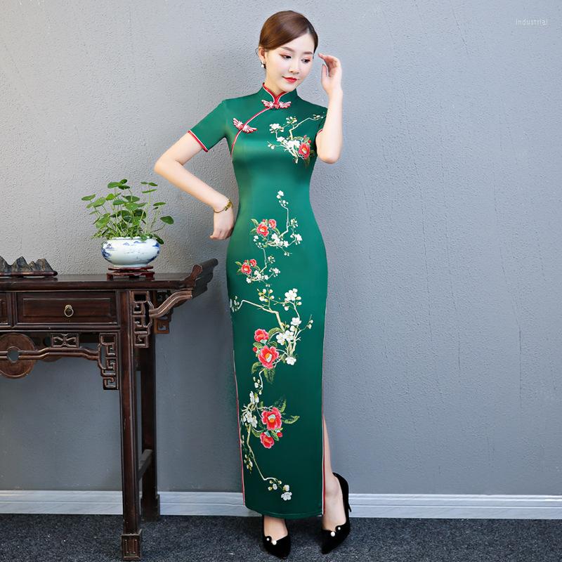 

Ethnic Clothing Green Evening Party Dress Vintage Cheongsam Chinese Mandarin Collar Flower Print Lady Satin Slim Long Qipao Big Size 3XL 4XL