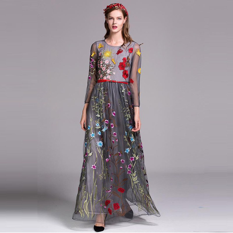 

Women's O Neck 3/4 Sleeves Floral Embroidery Layered Elegant Party Prom Long Runway Dresses, Gray