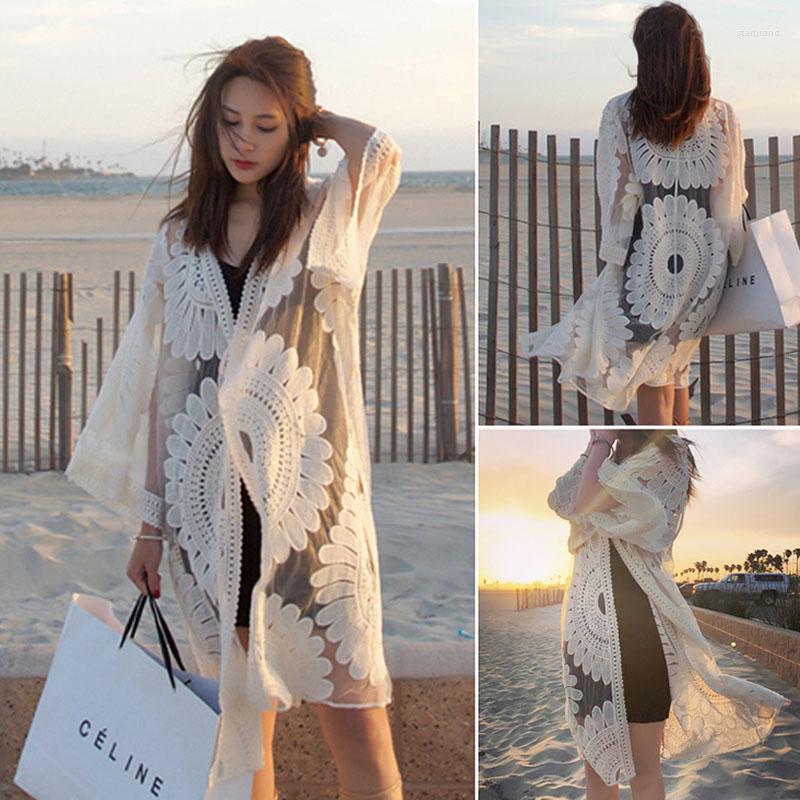 

Women's Jackets Summer Lace Medium Long Cardigan Women Outerwear Sun Protection Clothing Thin Top 3/4 Sleeve Coat Fashion Blouse Female E17, White