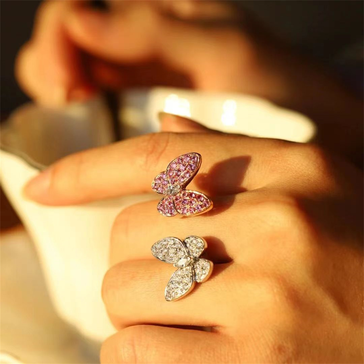 Diamond Ring S925 Sterling Silver Lucky Designer Mother of Pearl Butterfly Open Style Womens Fashion Ring Box AA