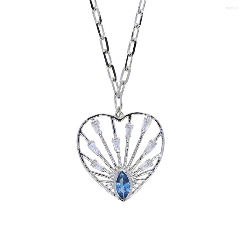 

Chains Silver Color Blue CZ Micro Pave Cubic Zirconia Heart Choker Paper Open Link Chain Hollow Necklace Valentines Gift Women Jewelry