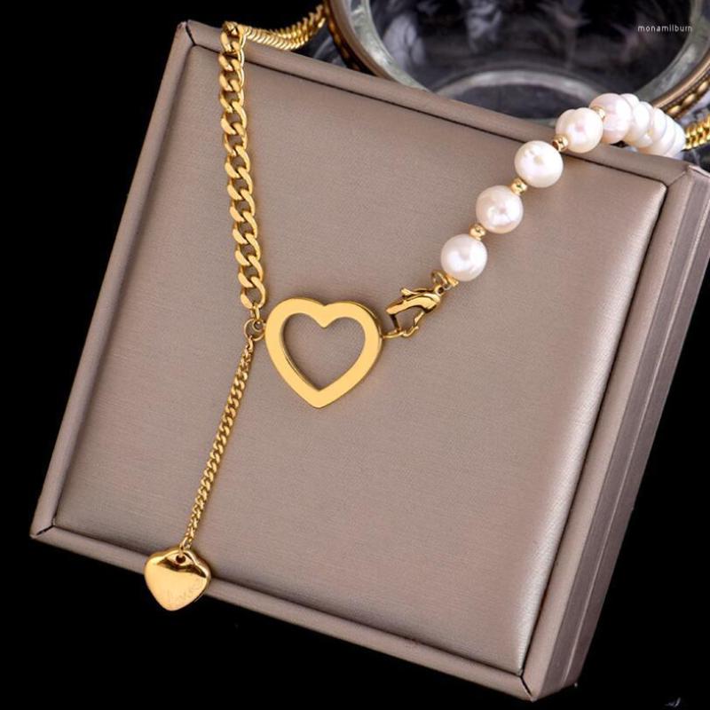 

Chains 316L Stainless Steel Heart Pearl Pendant Splicing Thick Chain Choker Necklaces For Women Fashion Fine Jewelry Party Gifts SAN900