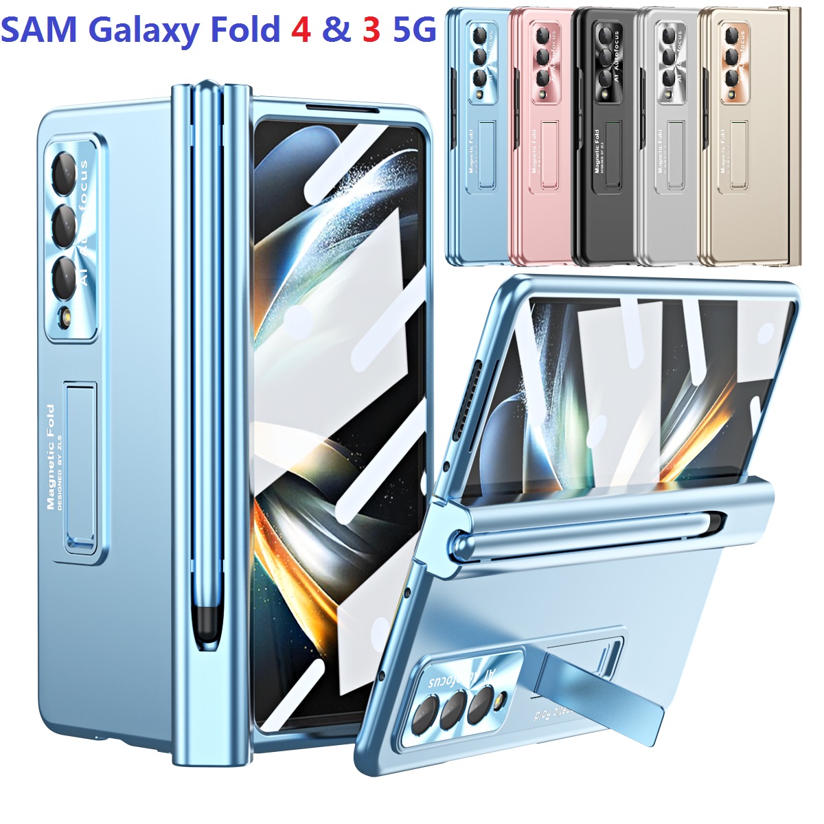 

Hinge Magnetic Cases For Samsung Galaxy Z Fold 4 Fold 3 5G Case Pen Holder Plating Stand Protective Film Cover, Black