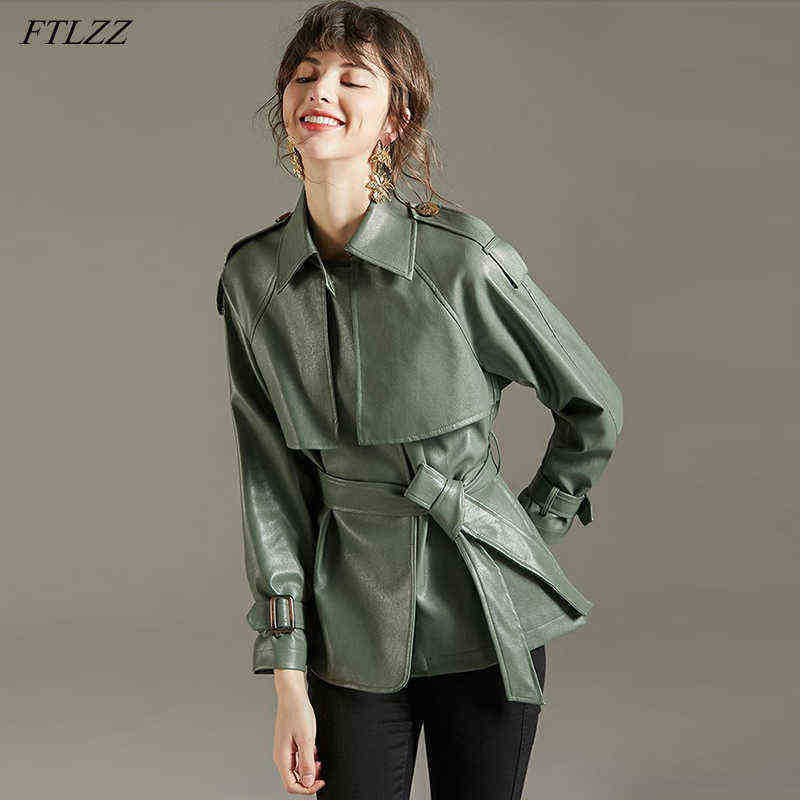 

Ftlzz 2022 Spring Autumn Lapel Faux Leather Jacket Women Green Pu Jacket Simplicity Loose Jackets Office Lady Runaway With Belt J220727, Lavender.