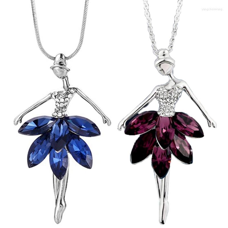 

Choker 2022 Elegant Blue Crystal Ballerina Girl Pendant Rhinestone Necklace And Long Sweater Chain Personalized Jewelry