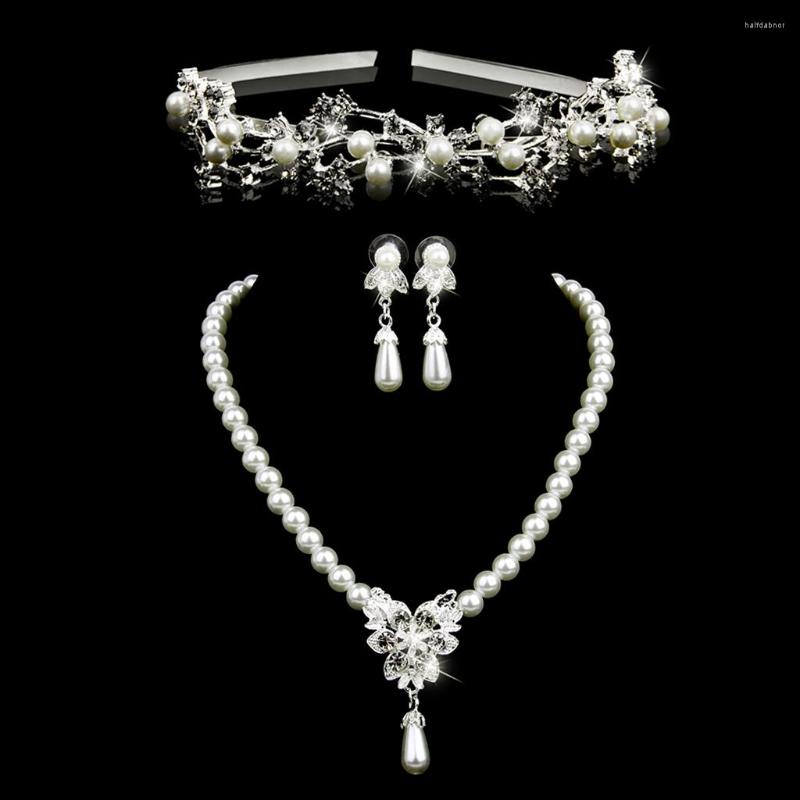 

Necklace Earrings Set Crystal Pearl Silver Color Plated Earring Wedding Bridal Prom Jewelry, Picture shown