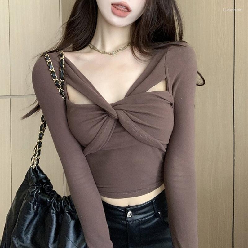 

Women's T Shirts 2022 Autumn For Women Crop Tops Korean Style Retro Crossover Chic T-Shirt Knitting Long-sleeved Elastic V-neck Tee Shirt, Black