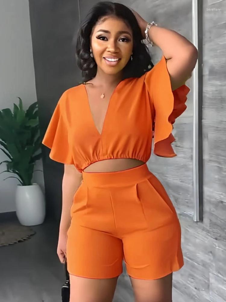 

Women' Tracksuits Women Two Piece Outfit Sexy Deep V Neck Ruffle Sleeve Casual Pockets Crop Top Biker Shorts Nightclub Matching Set, Black