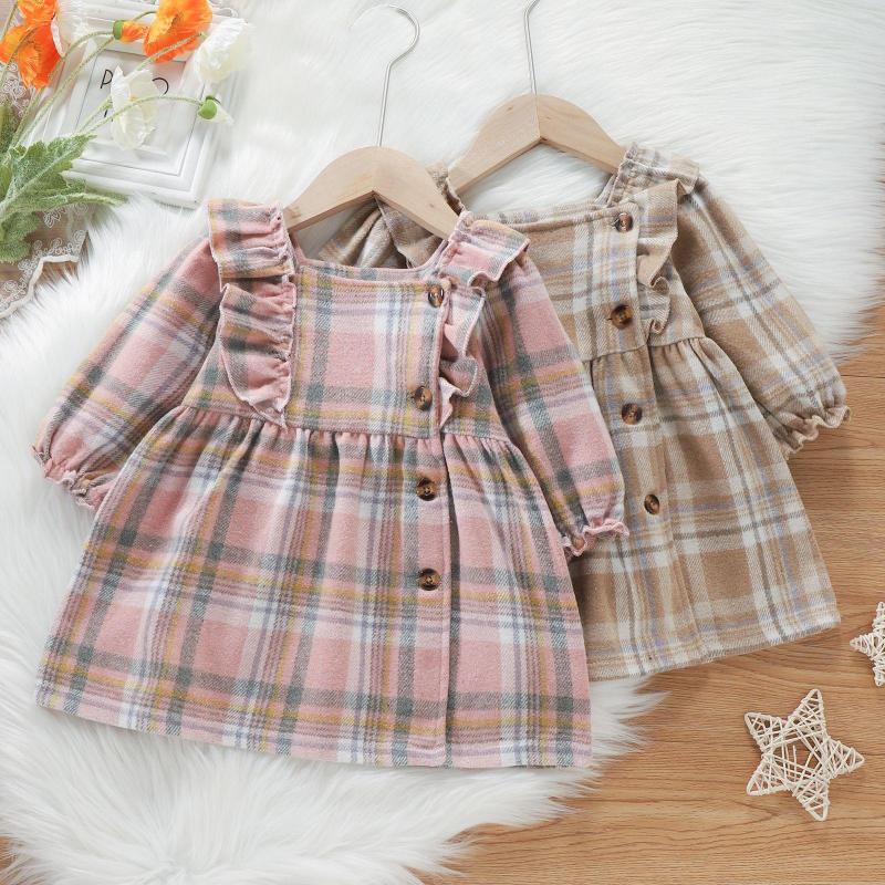 

Girl Dresses Autumn Baby Girls Princess Cute Dress Toddlers Sweet Plaid Square-Neck Long Sleeve Button-Open Casual Skirt For Kids 1-3Y, Pink