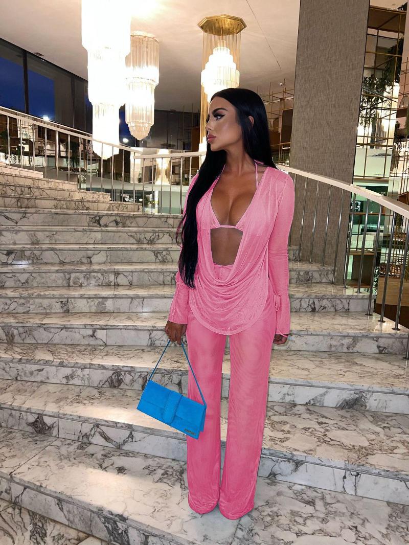 

Women' Two Piece Pants LFRVZ 2022 Top Quality Solid Lace Beach Set Full Sleeve Backless Long Wide Leg 1Piece Underwears Women 3, Pink