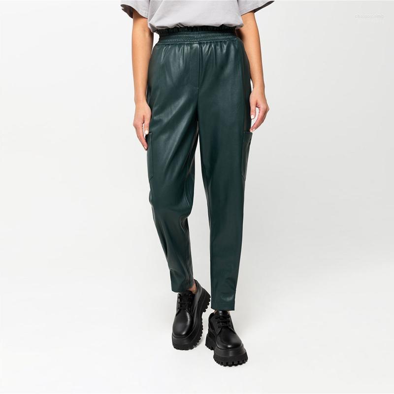 

Women' Pants Faux Leather Casual Real Pockets Harem Flat Elastic Waist Solid Color Basic Ankle-Length 2022 Spring Women' & Capris, Green