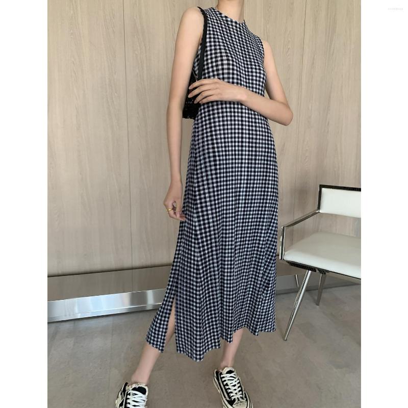 

Casual Dresses Changpleat Summer Miyak Pleated For Women Fashion Plaid Sleeveless Slim High Stretch Female A-line DressTide, Black