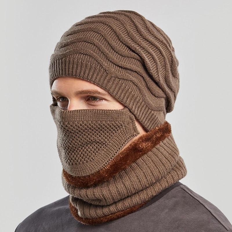 

Berets Men's Winter Knitted Fleece Hat Windproof Hats Scarf Three-piece Warm Cap Flap With Ears, Black