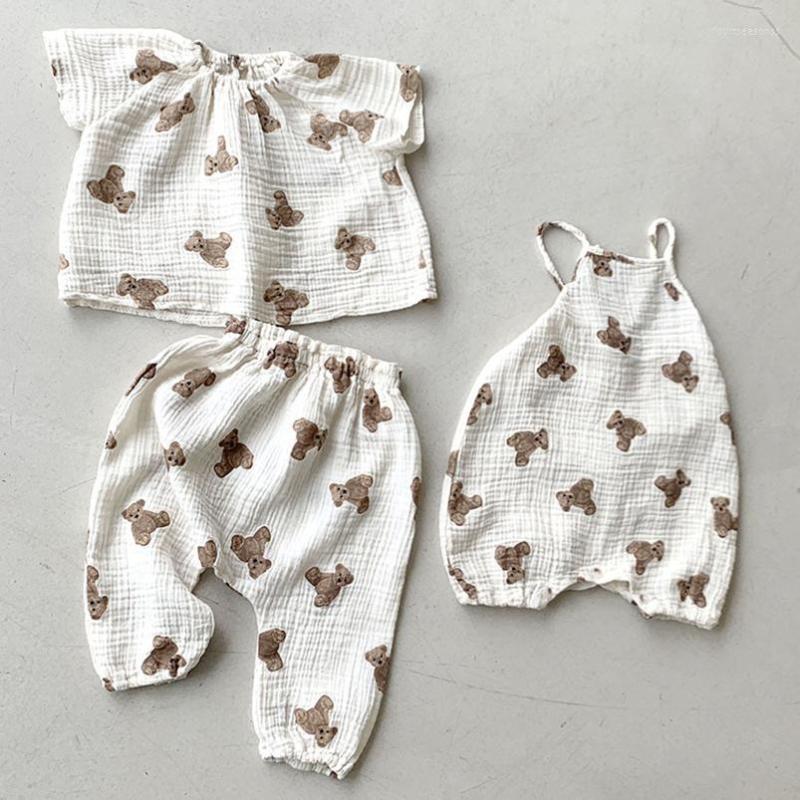

Rompers Cartoon Bear Printing Baby Set Summer Short Sleeve Infant Kids Shirt Shorts Suit For Toddler Girls Clothing Children Overalls, Long pants set