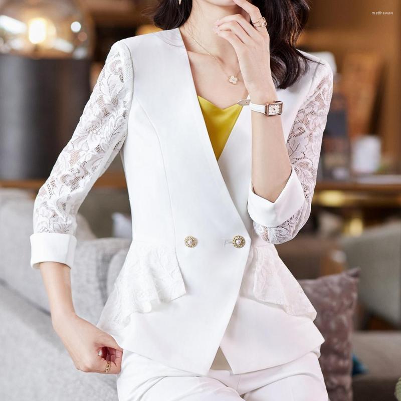 

Women' Two Piece Pants Korean Spring Office Female Business White-collar Formal Work Clothes Middle Sleeve Coat White Trousers Two-piece, Purple coat pants