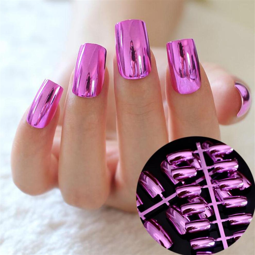 

Fashion Metallic Nail Tips Acrylic Mirror Surface False Nails Long Size Silver Color in Simple Package 24pcs lot318f
