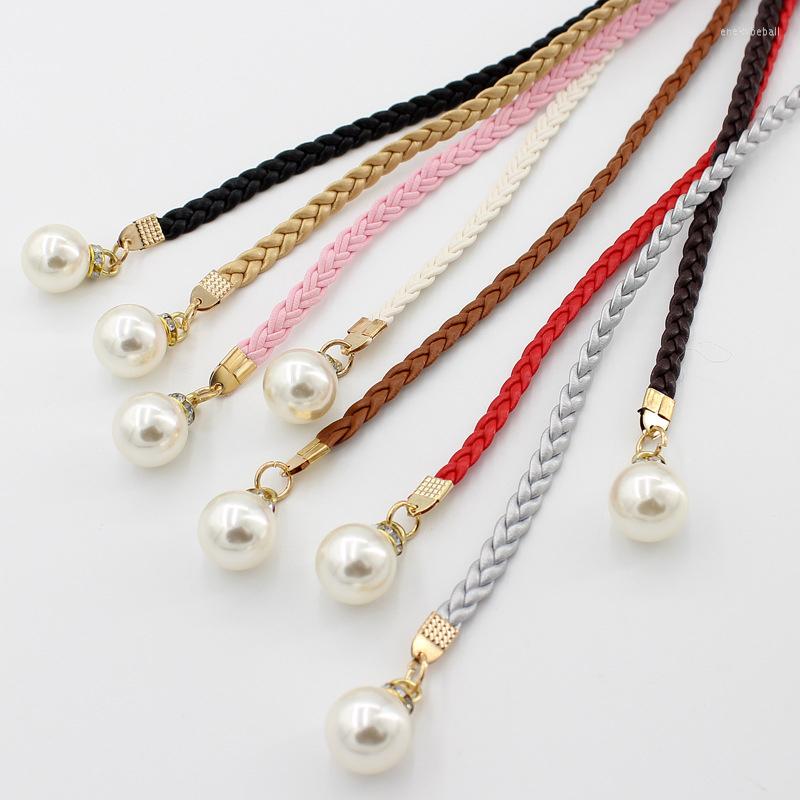 

Belts Women Fashion Knotted Waist Chain Dress Woven Rope Female Decorative Pearl Belt AIC88, White