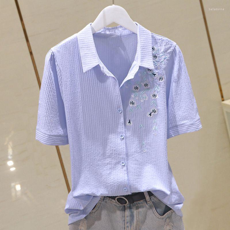 

Women' Blouses Cotton Short Sleeve Shirt Women' 2022 Summer Korean Embroidered Single Breasted Fashion Casual Western-style, Blue