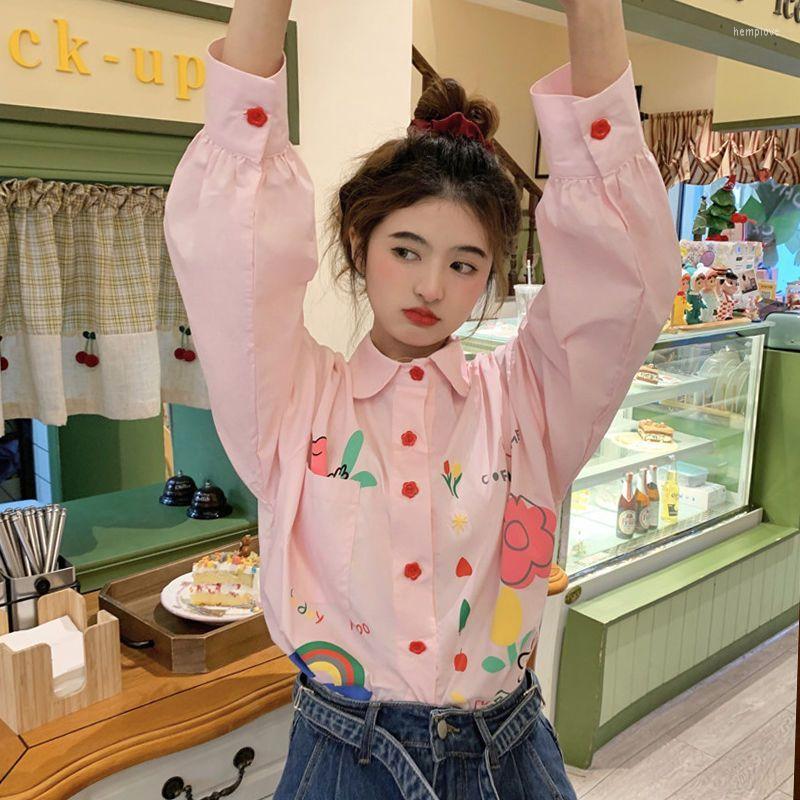 

Women's Blouses Floral Print Blouse Women Shirt Long Sleeve Button Autumn Pocket Fashion Woman 2022 Sweet Turn Down Collar Top Female, Pink