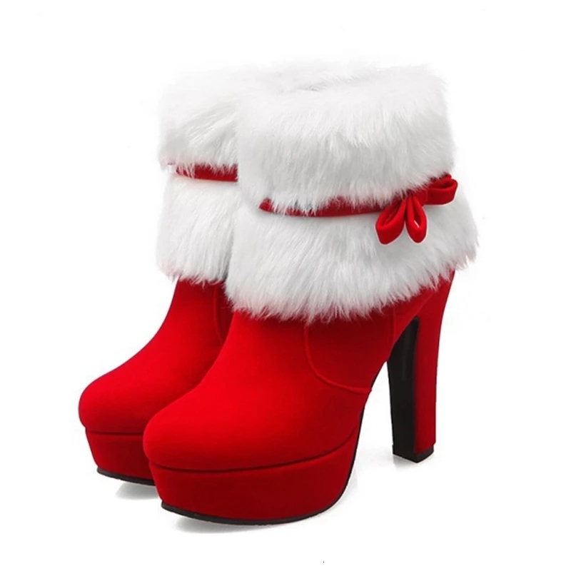 

Boots Winter Women Christmas Ankle High Heels Ladies Shoes Femme Warm Short Red Black 3543 221114