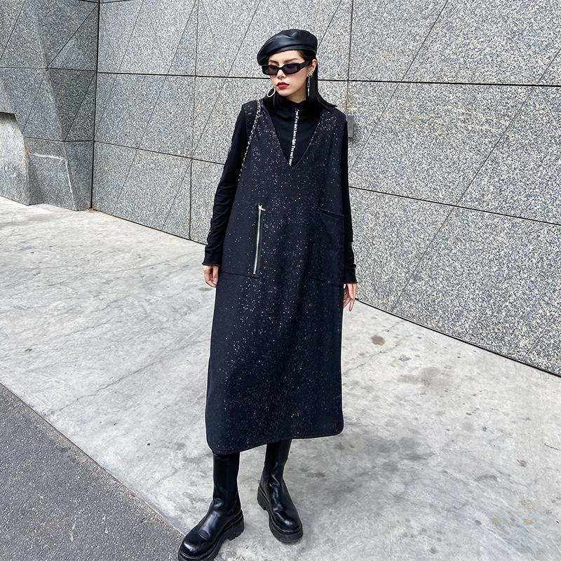 

Casual Dresses SuperAen Silk Zipper Double V-neck Sleeveless Dress Solid Color Wild Fashion Autumn 2022 Women's, Black