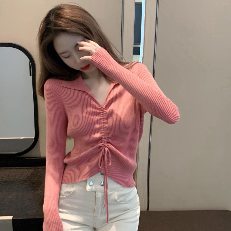 

Women's Sweaters Women Slimming Lapel Turn-down Collar Drawstring Solid Color Short Long Sleeve Office Lady Fabric Pullover Top Cropped, Purple