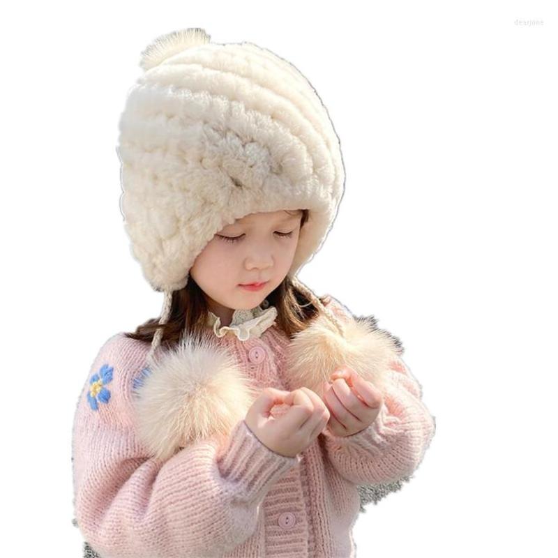 

Hats Girls Winter Cute Knit Hat Of Real Rex Fur Warm Fuzzy Snow Cap With Pompom, White