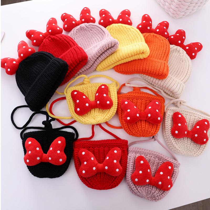 

Hats 2022 Winter Warm Girls Hat Bag Set Cute Polka Dot Cartoon Big Bow Stretch Baby Children's Knitted Cotton Beanie, Black