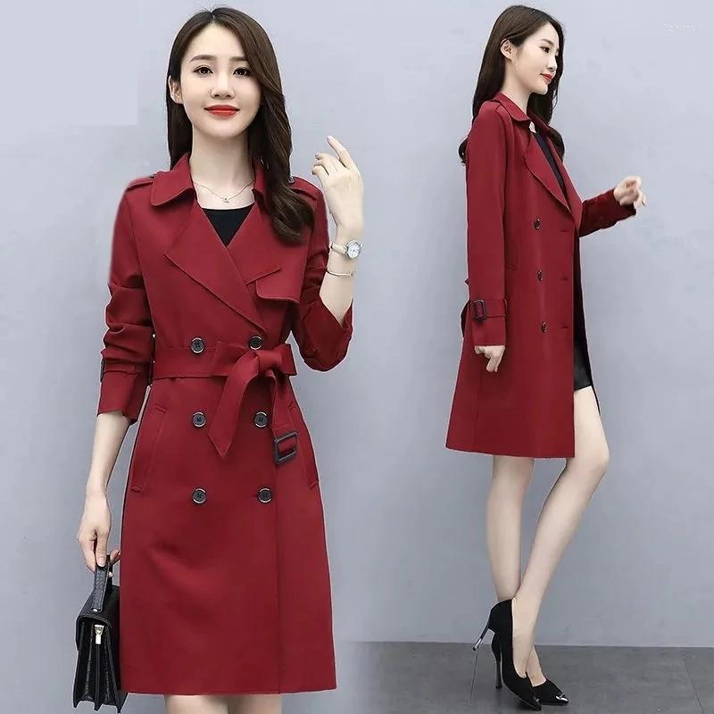 

Women's Trench Coats Spring Autumn Windbreaker Women Korean Double Breasted Long Coat Female Streetwear Clothes Cardigan Outerwear, Red wine