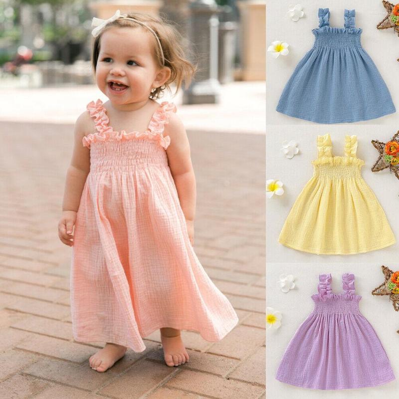 

Girl Dresses Baby Girls Summer Sleeveless Dress Solid Color Ruffle Pleated Princess Sundress Kids Cotton Linen A-Line Party, Blue