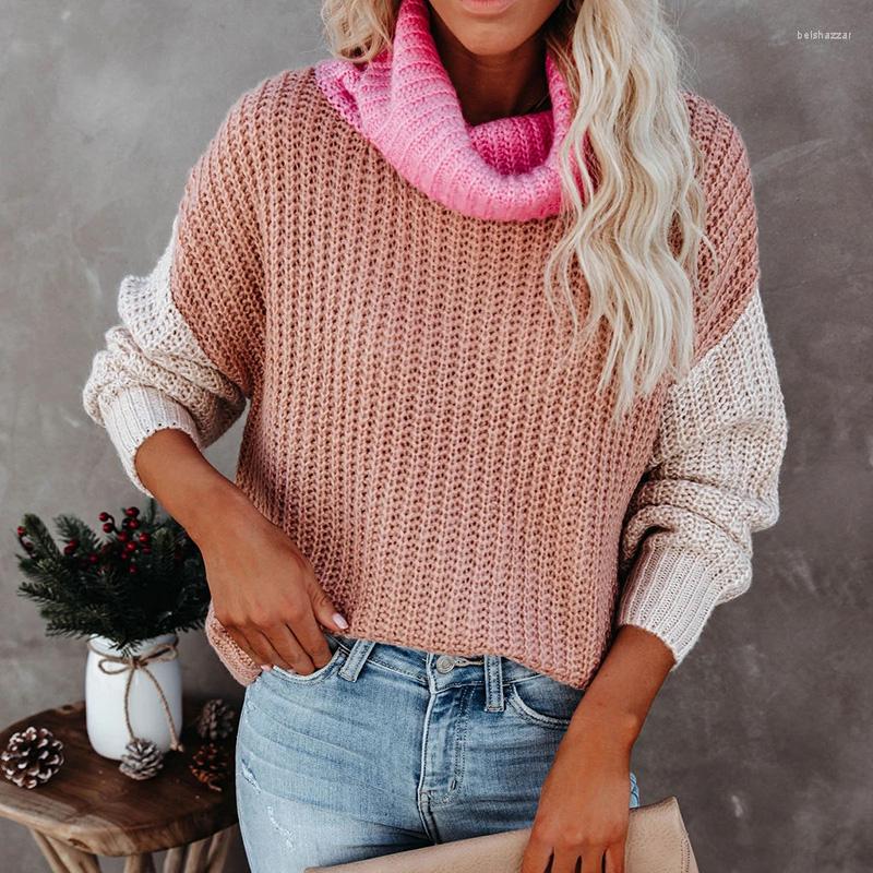 

Women' Sweaters 2022 Multicolor Patchwork Female Turtleneck Knitted Women Boho Pullover Fashion Slim Jumper Vintage Winter Tops Ins, Pink
