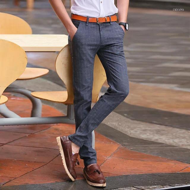 

Men's Pants Men Sanding Male Trousers Men's Spring Autumn Long Black Blue Khahi Grey England Plaid And Dress