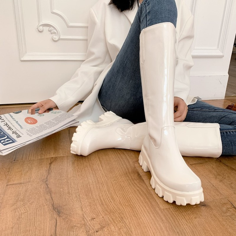 

Boots Bright Leather High Waterproof Platform Inner Heightened Round Toe Over The Knee-Length Patent Flat Heel 221114, Black